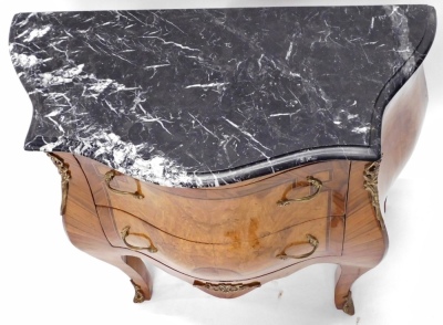 A 20thC Continental kingwood and burr walnut bombe shaped commode, the marble top with a moulded edge, above two drawers, flanked by gilt metal mounts to corners, on cabriole legs with sabot, 78cm high, 82cm wide. - 2