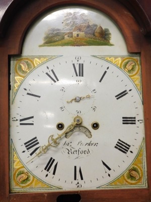 James Parker, Retford. A 19thC longcase clock, the painted dial decorated with thatched cottages, shells, etc., with an eight day movement in oak and mahogany cross banded case, 212cm high overall. - 2