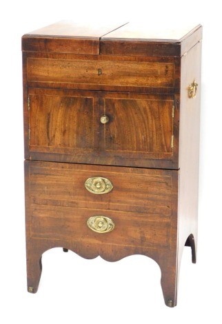 A George III mahogany bedside commode, the hinged lid raised above a cabinet and two drawers, on shaped legs, 81cm high, 6cm wide, 40cm deep.