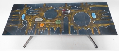 A 1960s/70s polished metal coffee table, the rectangular top inset with a psychedelic abstract in coloured tiles, on turned supports with splayed base, Abri Belgique, 41cm high, 123cm wide. - 2