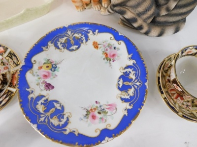 Various pottery and effects, an early 20thC Meissen porcelain teacup (AF) and saucer, hand painted with flowers, to include daffodils, with a lattice work border to each, blue cross sword marks beneath, 13cm wide, various Royal Crown Derby teacups, saucer - 4