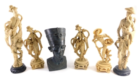 Various resin figures, oriental gentleman, ladies in flowing robes, Egyptian god head, 45cm high, etc. (a quantity)