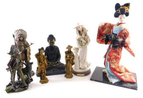 Various resin and other figures, native Indian, figure of a lady titled Evening Elegance, 42cm high, resin figures of oriental lady and gentleman, a standing figure of a geisha. (a quantity)