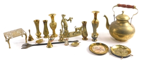 Various 20thC brassware, trivet, kettle on stand, vases, Imp headed bell, 7cm high, etc. (a quantity)