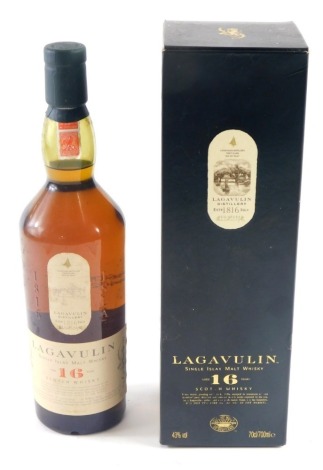 A bottle of Lagavuin Single Islay malt whisky, 16 year old, 43% volume and outer card packaging, 70cl,