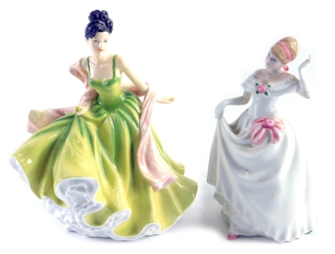 Two Royal Doulton figures, comprising Dawn HN3600, 19cm high, and Pretty Ladies Spring Ball. (2)