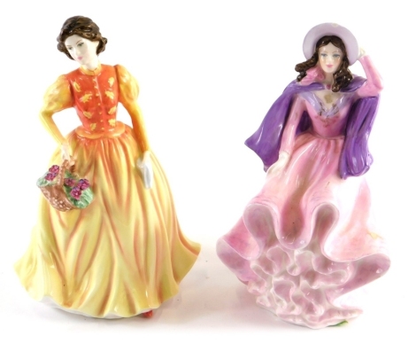 Two lady figures, comprising Royal Doulton Autumn Flowers HN3918, 21cm high and a Coalport Ladies of Fashion figure, printed marks beneath. (2)