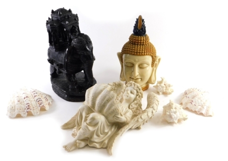 Various resin figures, Indian god head, wall plaque, carved elephant figure, 33cm high and various shells. (a quantity)