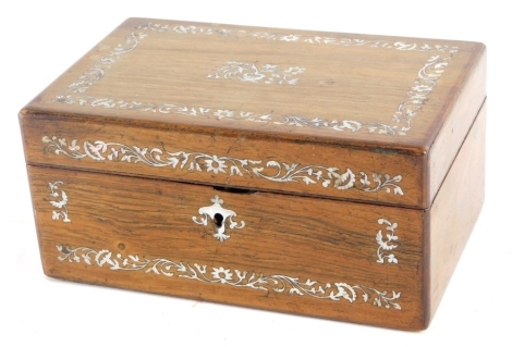 A 19thC rosewood and mother of pearl jewellery box, with floral inlay and plain interior, 12cm high, 23cm wide, 15cm deep.