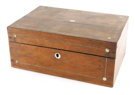 A 19thC rosewood jewellery box, with mother of pearl inlay and plain interior, 10cm high, 25cm wide, 18cm deep.