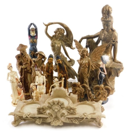 Various Eastern and other design resin figures, stand, figure of a lady, 19cm high, various Gods, Art Nouveau style and other figures, etc. (a quantity)