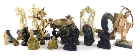 Various resin and other figures, Eastern Gods, two similar Chinese sage figures, 14cm high, Art Nouveau design mirror, etc. (a quantity)