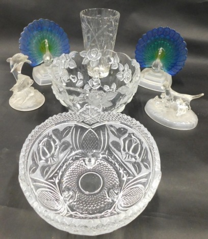 Various glassware, a pair of peacock ornaments, with coloured plumage, 23cm high, various vases, dolphin ornament, etc. (a quantity)