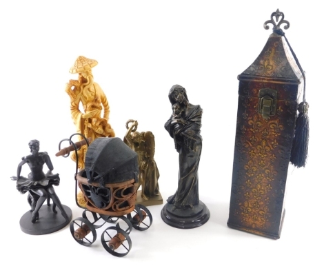 Various resin and other figures, Oriental style figure of a bearded sage holding dragons, 41cm high, lantern style case, miniature pram, Art Deco figure of a lady on stool, etc. (a quantity)