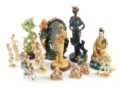 Various resin and other figures, Art Deco style figure of a lady with dog, 36cm high, Art Nouveau style mirror, faux jade finish figure of a God, other various figures, etc. (a quantity)