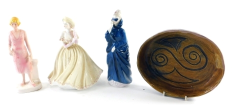 Various Royal Doulton figures, Masque, HN2554, Coalport Marianne, etc., and a slipware studio pottery dish. (4)