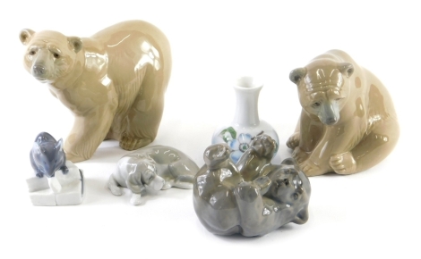 Various Lladro pottery figures, seated bear, 9cm high, small vase, others to include Royal Copenhagen, rolling bear, etc., printed marks beneath. (a quantity)