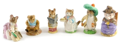 Various Royal Albert Beatrix Potter figures, to include Benjamin Bunny, 8cm high, And This Pig Had None, Mrs Ribby, etc., printed marks beneath. (6)