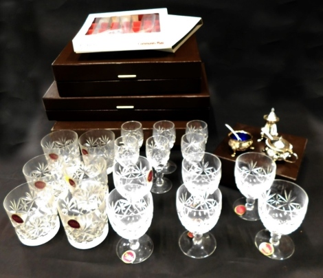 Various Webb crystal glassware, boxed community plate, cased set of six Webb crystal glasses, 10cm high, silver plated cruet set, etc. (a quantity)