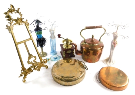 Various collectable items, metalware, etc., large copper and brass kettle, 33cm high, coffee grinder, dinner gong, Oriental figures, bust, figures, etc. (a quantity)