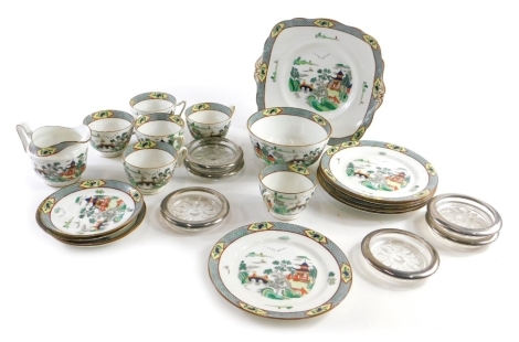 A Paragon China part tea service, Oriental design to include sugar bowl, 7cm high, cups, saucers, etc., part settings for six, printed marks beneath and various glass dishes. (a quantity)