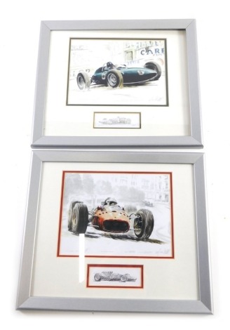 A limited edition print, Graham Hill BRM P57, number 2/100, 16cm x 20cm, and another Monaco 1955, number 25/100. (2)