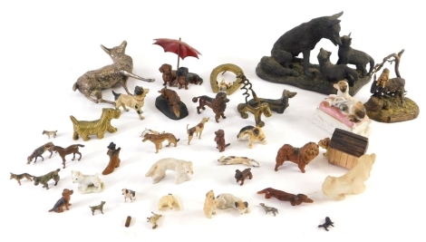 Various metalware, dog ornaments, lead terrier, 4cm high, fox figure group, various other lead figures, dogs, etc. (a quantity)