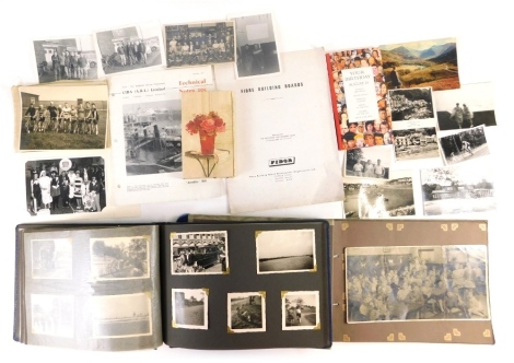 Various books, postcards and related ephemera, a Siba Arl Ltd technical notes pamphlet, fibre building boards fidor pamphlet, various early 20thC and later photographs, cyclists, figure on a wall before sea etc., contained in an album and some loose. (a q