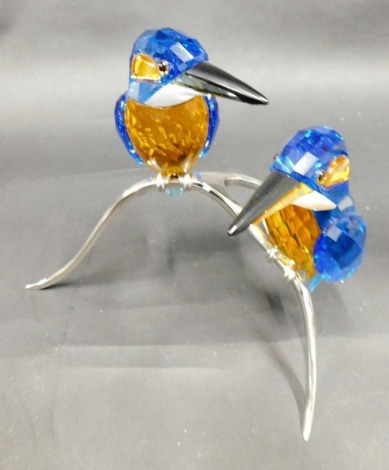 A large Swarovski crystal kingfisher ornament, two birds on branch, 16cm high. (boxed)