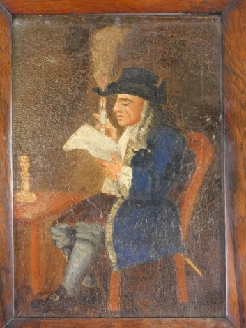 19thC Dutch school. Figure reading by candlelight, oil on board 19cm x 13cm, in rosewood frame.