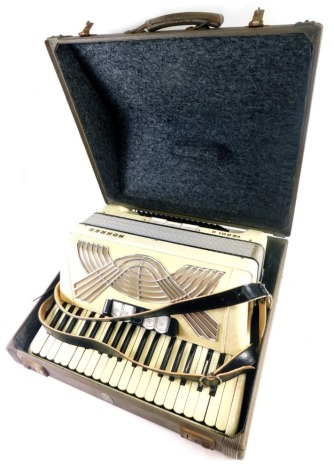 A mid 20thC Art Deco Hohner piano accordion, with five stops, with outer case, 55cm wide.