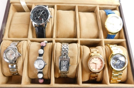 A brown leather wristwatch case and collection of wristwatches, to include Sekonda, D&G, and others. (1 box)