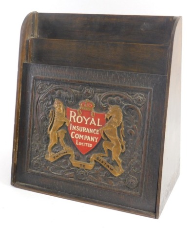 A mid 20thC oak Royal Insurance Company Limited advertising desk tidy, 35cm high, 32cm wide, 14cm deep.