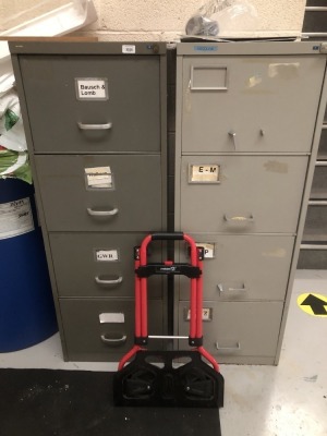 A Meister folding trolley and two steel filing cabinets. (3) Note: VAT is payable on the hammer price of this lot at 20%.