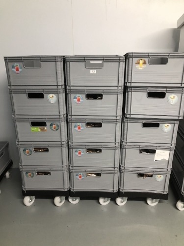 Fifty eight Keeper Rober storage bins, on fifteen trolley bases. (Cost over £1,200 in 2022) Note: VAT is payable on the hammer price of this lot at 20%.