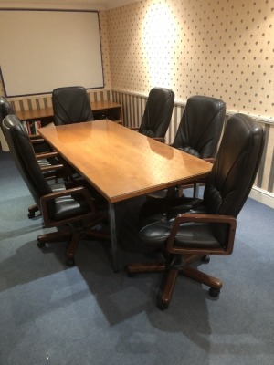 A boardroom suite, comprising six armchairs, table, 210cm x 90cm, and side cabinet, 180cm wide, together with a desk, 180cm wide, and bookcase sideboard, 150cm wide. Note: VAT is payable on the hammer price of this lot at 20%.