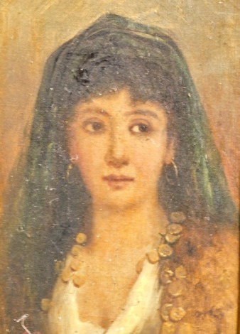 P. B. (19thC Continental School). Portrait of a lady, wearing headdress, quarter profile, oil on canvas, initialled, 24cm x 15cm.