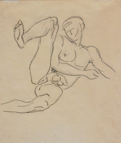 Henry Gaudier Brzeska (1891-1915). Male nude lying, right leg raised, 1912, pen and pencil, with annotation, 22cm x 18cm. Peter Nahum at the Leicester Galleries label verso.