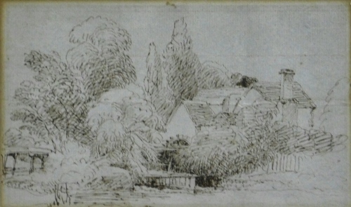 Peter de Wint (1784-1849). A Mill by a Bridge in a Woodland landscape, pen and brown ink, 11cm x 19cm. Spink London K-36629 label verso with hand typed provenance label Miss H. H. Tatlock.