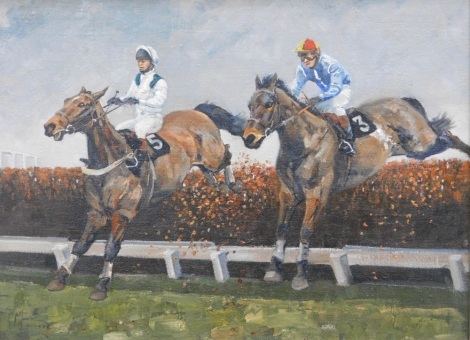 •Malcolm Coward (b.1948). National hunt steeplechase, horses jumping fence, oil on canvas, signed, 44cm x 60cm.