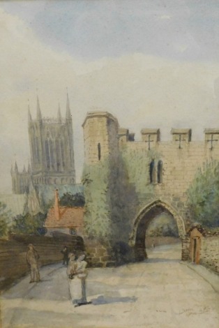 A. M. P. (19thC). Lincoln Cathedral from Pottergate Arch, watercolour initialled, titled and dated (19)12, 36cm x 25cm.