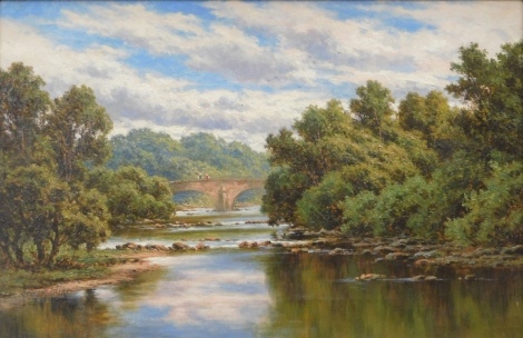 Henry H. Parker (1858-1930). Doeford Bridge, Clitheroe, oil on canvas, signed, 29cm x 45cm. Attributed to the mount, Mason & Son Ltd, Burlington Arcade label verso and various other handwritten labels with canvas stamp.