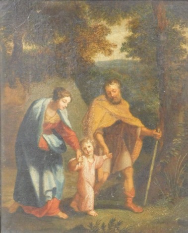 19thC Italian School. Elderly gentleman, lady and child on a path, oil on panel, unsigned, 29cm x 23cm.