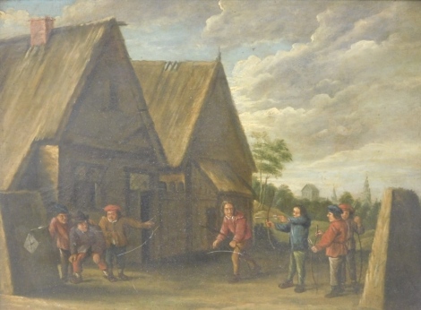 19thC Dutch School. Figures doing archery before cottages with clouds gathering, oil on panel, unsigned, 29cm x 36cm.