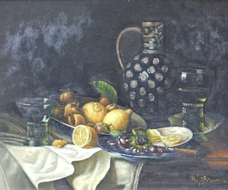 •W. Green (20thC). Still life, ewer and fruit on a table, oil on board, signed, 20cm x 24cm. Expert Picture framing label verso.