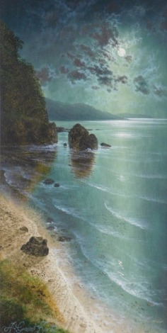 •Andrew Grant Kurtis (20thC). Moonlight Bay, oil on board, signed, 50cm x 24cm. Artist's label verso.