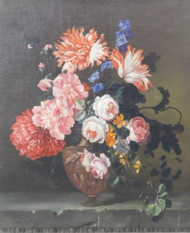 20thC School. Still life, vase of flowers on a table, oil on canvas, indistinctly signed, 60cm x 49cm. Chalk numbers verso.