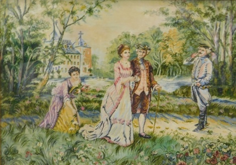 F. F. B. (20thC School). Regency figures on a path, material style oil on canvas, monogrammed, 35cm x 50cm.