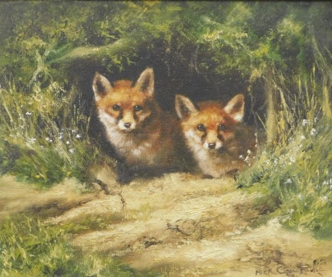 •Mick Cawston (1959-2006). Foxes watching from the set, oil on canvas, signed, 26cm x 30cm.