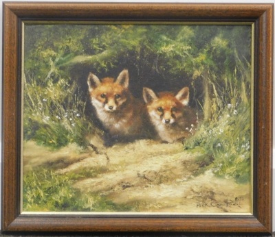 •Mick Cawston (1959-2006). Foxes watching from the set, oil on canvas, signed, 26cm x 30cm. - 2